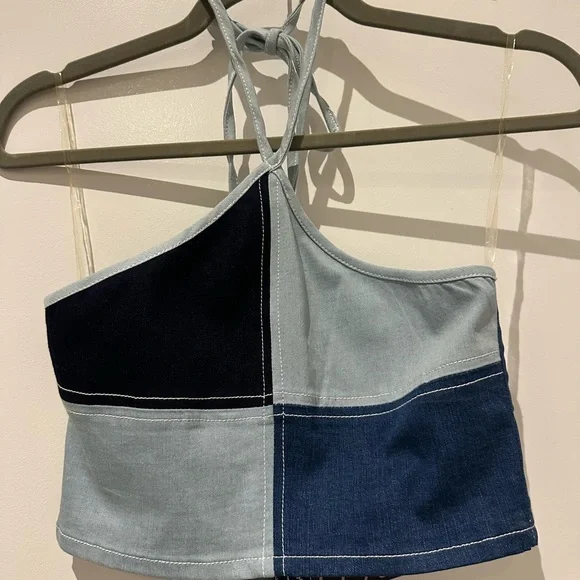 Denim Colorblock Halter Top - Picture 2 of 5